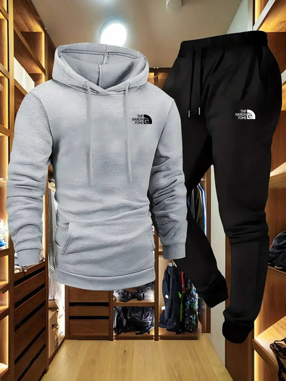 Men's Autumn and Winter Pattern Casual Two-Piece Set Hooded Sweatshirt and Pants with Pockets Regular Fit Outdoor Sport Suit