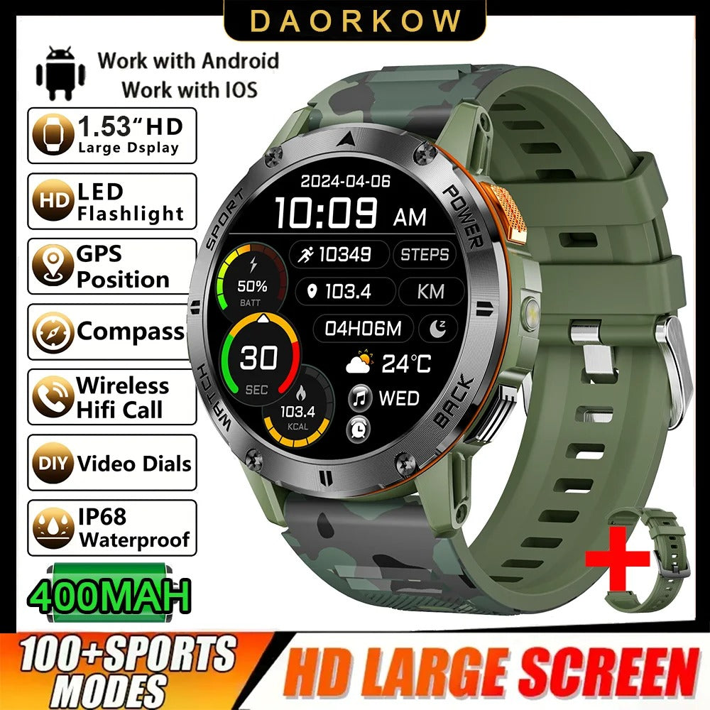 2025 New 1.53" high-definition smartwatch for men, military-quality outdoor waterproof watch, sports and fitness, Bluetooth call