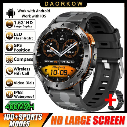 2025 New 1.53" high-definition smartwatch for men, military-quality outdoor waterproof watch, sports and fitness, Bluetooth call