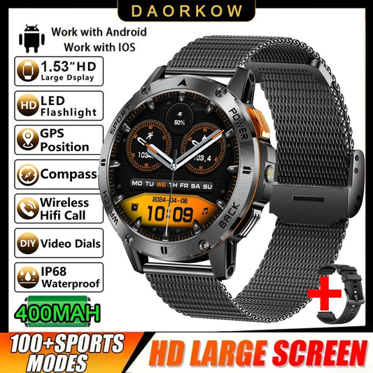 2025 New 1.53" high-definition smartwatch for men, military-quality outdoor waterproof watch, sports and fitness, Bluetooth call