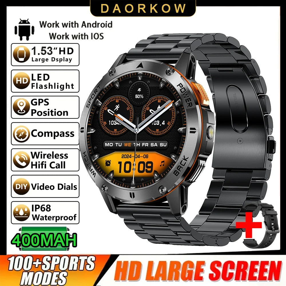 2025 New 1.53" high-definition smartwatch for men, military-quality outdoor waterproof watch, sports and fitness, Bluetooth call