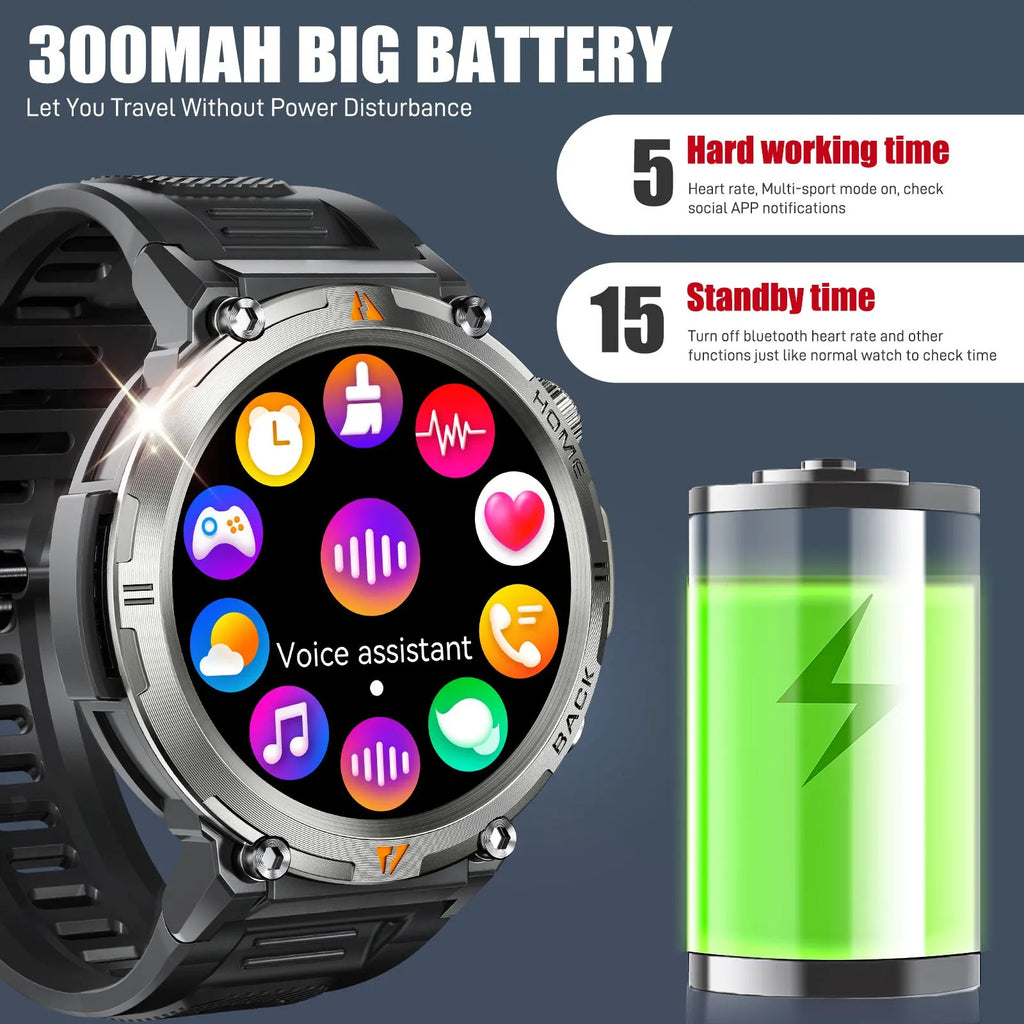 EIGIIS Military Men Smart Watch with LED 1.45" Outdoor Smartwatch with Bluetooth Calls Heart Rate Sleep Monitor Fitness Tracker