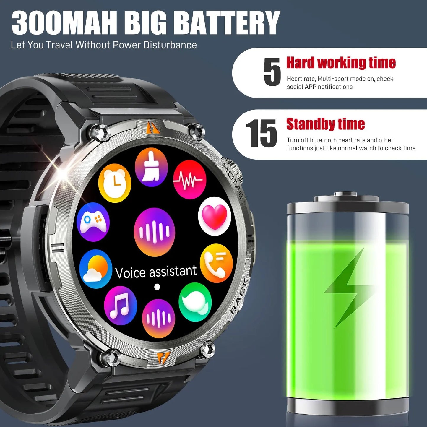 EIGIIS Military Men Smart Watch with LED 1.45" Outdoor Smartwatch with Bluetooth Calls Heart Rate Sleep Monitor Fitness Tracker