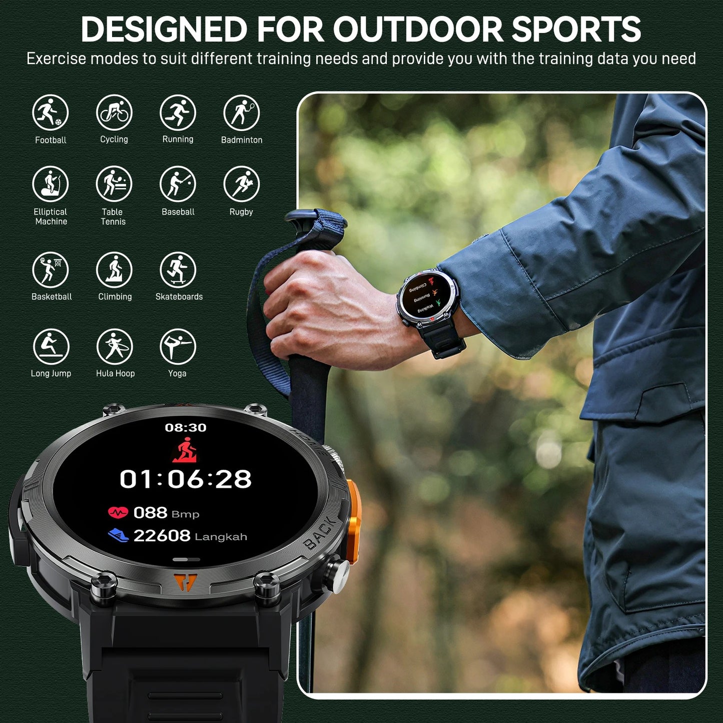 EIGIIS Military Men Smart Watch with LED 1.45" Outdoor Smartwatch with Bluetooth Calls Heart Rate Sleep Monitor Fitness Tracker