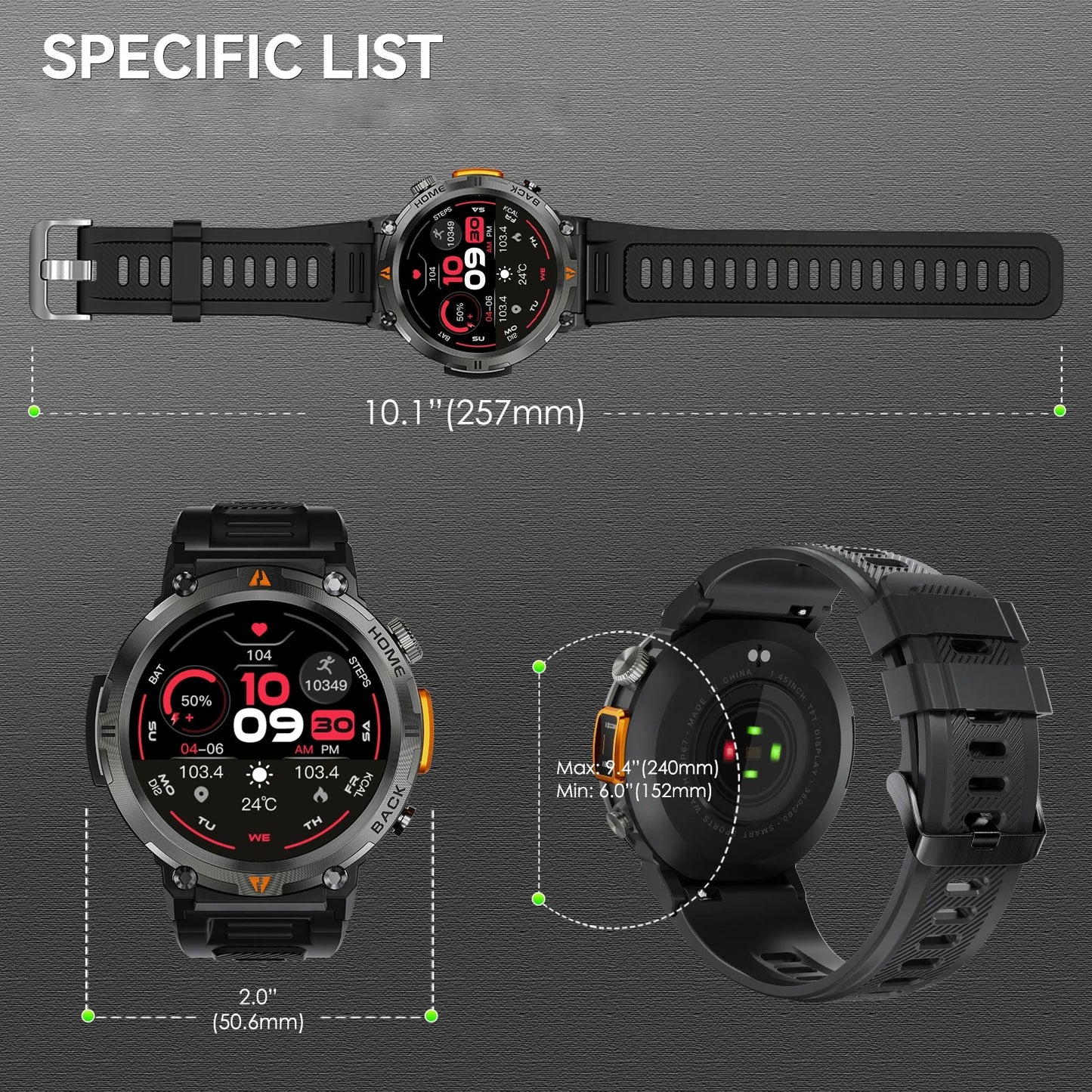 EIGIIS Military Men Smart Watch with LED 1.45" Outdoor Smartwatch with Bluetooth Calls Heart Rate Sleep Monitor Fitness Tracker
