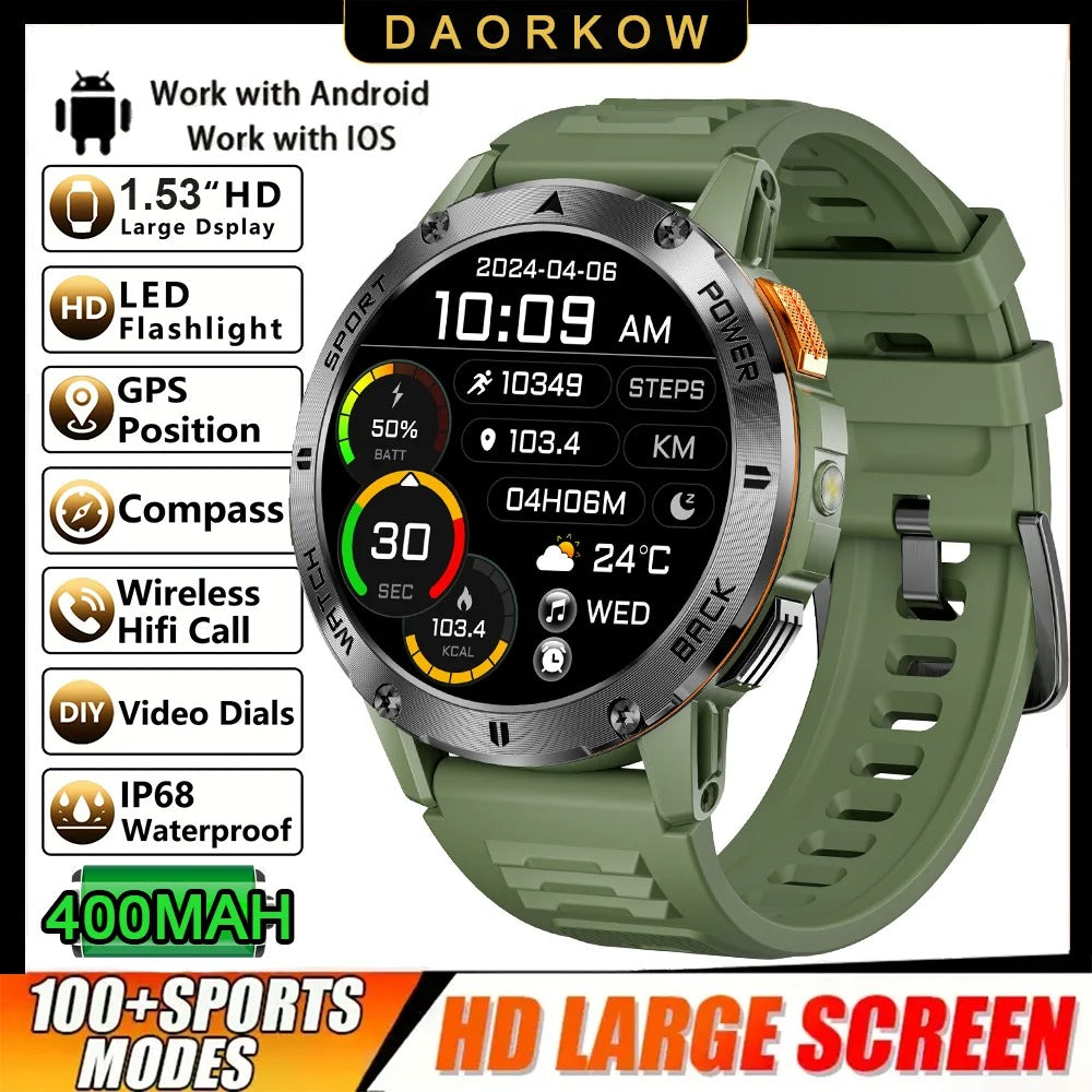 2025 New 1.53" high-definition smartwatch for men, military-quality outdoor waterproof watch, sports and fitness, Bluetooth call