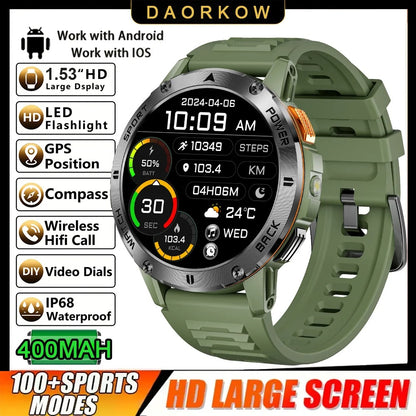 2025 New 1.53" high-definition smartwatch for men, military-quality outdoor waterproof watch, sports and fitness, Bluetooth call