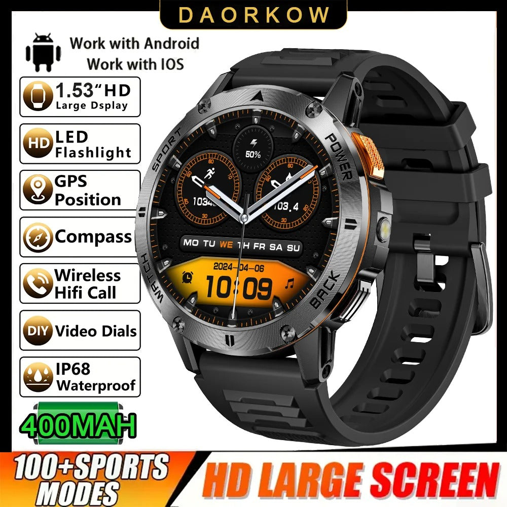 2025 New 1.53" high-definition smartwatch for men, military-quality outdoor waterproof watch, sports and fitness, Bluetooth call