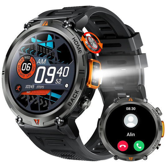 EIGIIS Military Men Smart Watch with LED 1.45" Outdoor Smartwatch with Bluetooth Calls Heart Rate Sleep Monitor Fitness Tracker